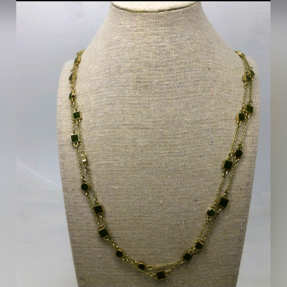 Ann Taylor Olive Green Enamel Geometric Necklace 56" NWOT